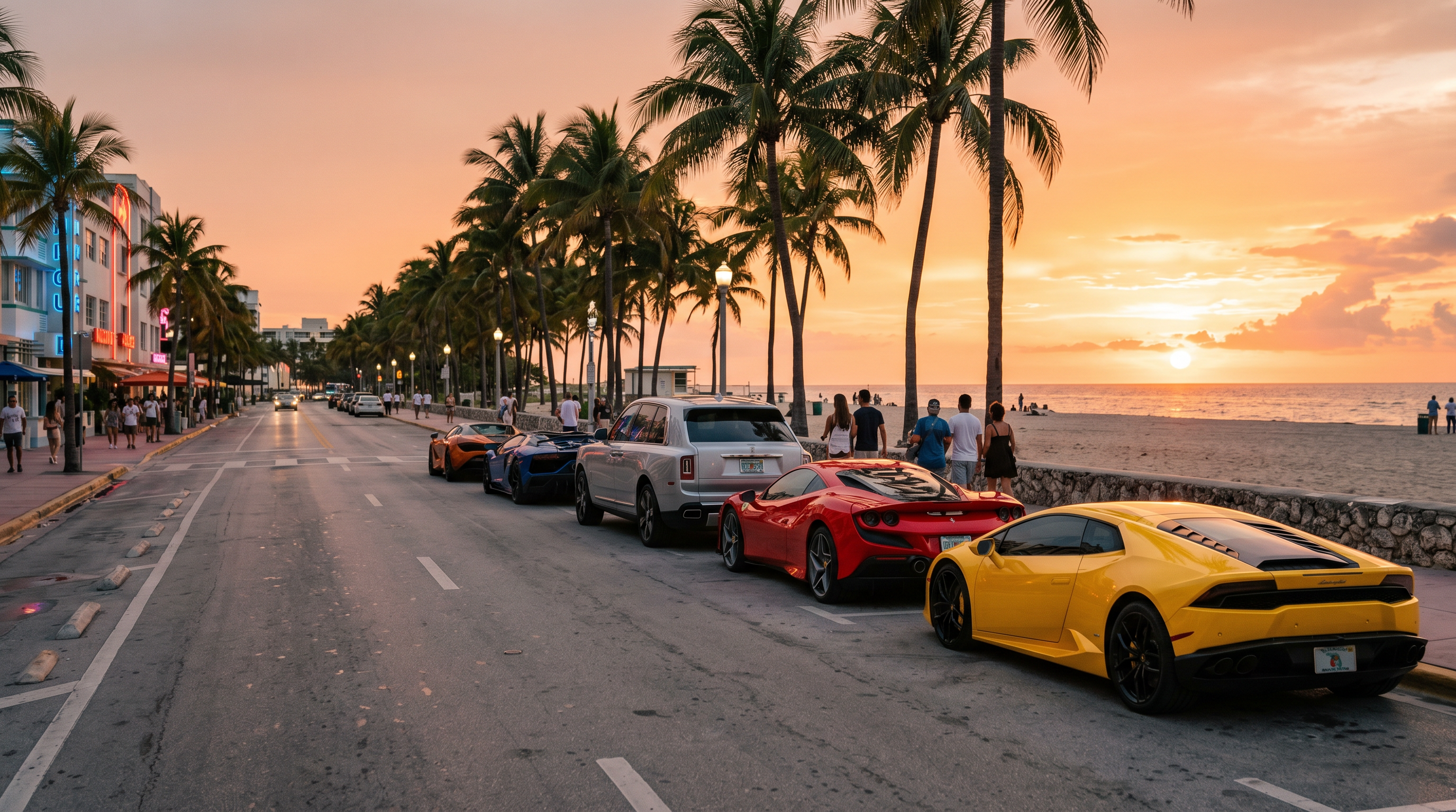 Fleet of exotic supercars — Lamborghini Huracan, Ferrari F8, Rolls-Royce Cullinan lined up on Miami Beach boulevard at golden hour