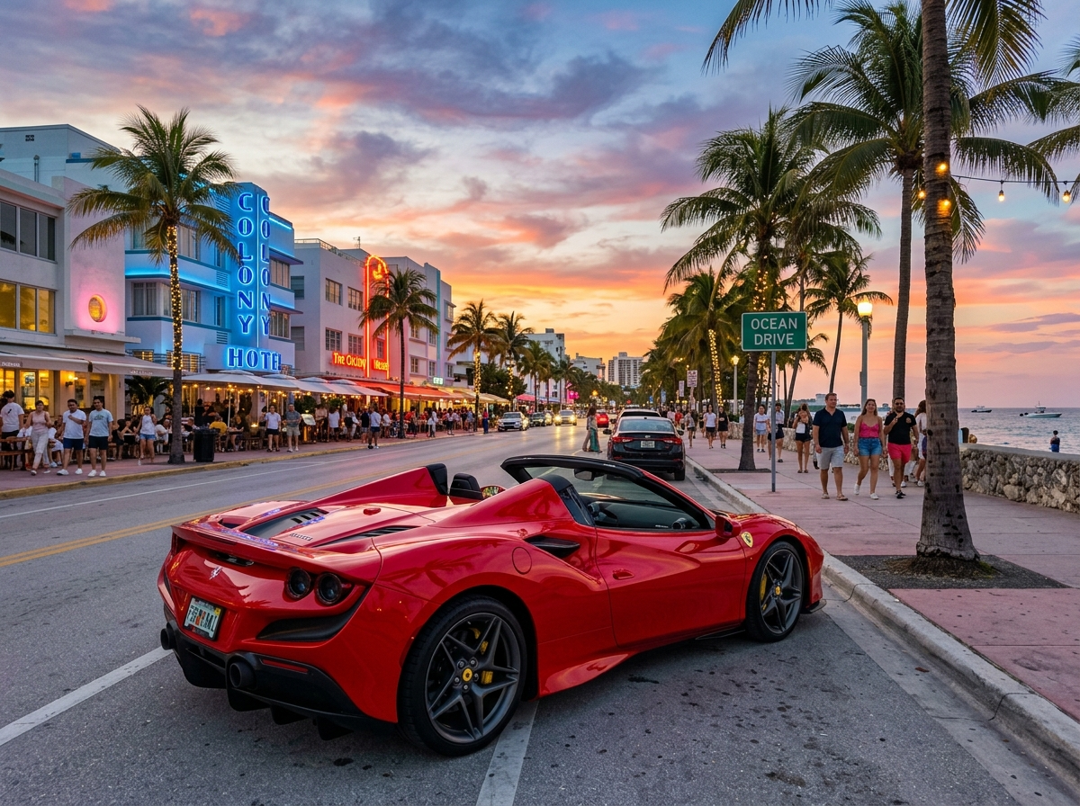 2023 Ferrari F8 Tributo red convertible parked on Ocean Drive South Beach Miami at sunset
