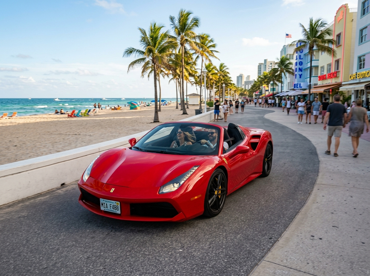 2020 Ferrari 488 Spider red open-top exotic rental cruising along Miami Beach boardwalk