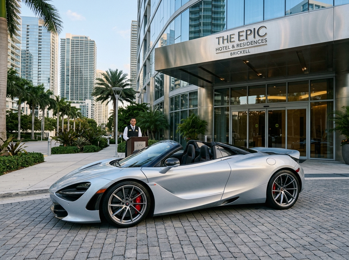 2021 McLaren 720S Spider silver convertible supercar parked outside Brickell luxury hotel Miami