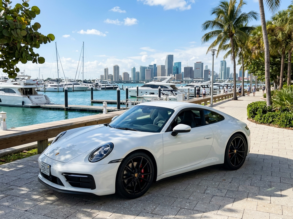 2026 Porsche 911 Carrera S white sports car exterior parked Coconut Grove Miami waterfront