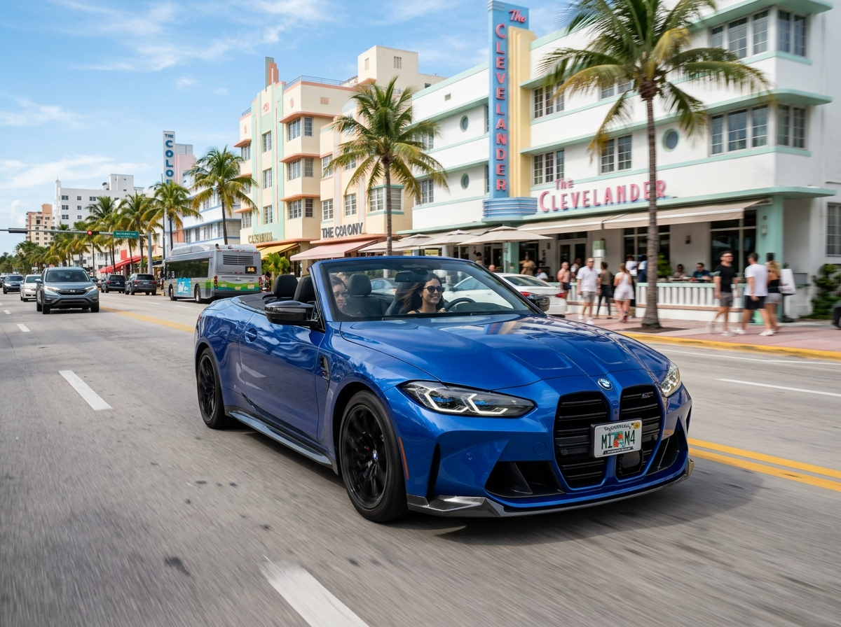 2024 BMW M4 Competition Convertible blue cabriolet top down driving on Collins Avenue Miami Beach