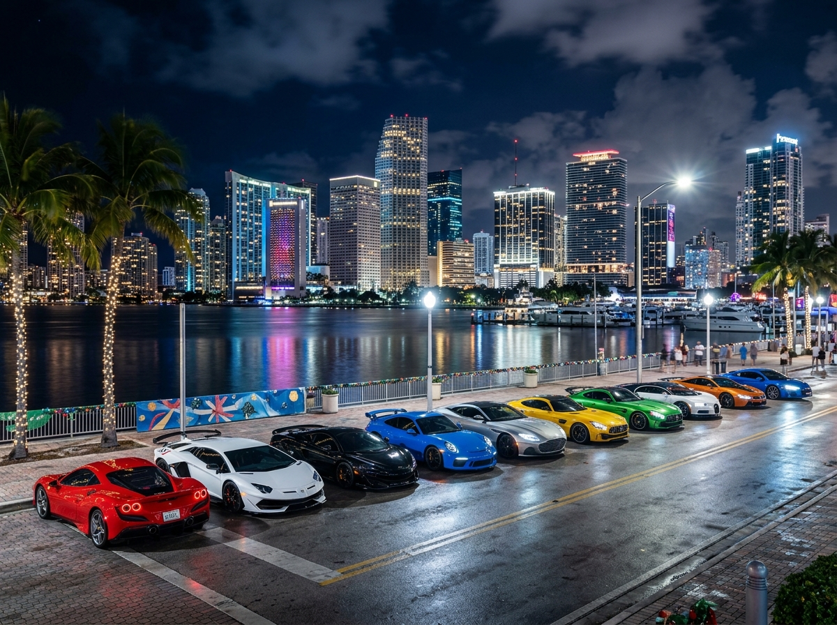 Exotic cars lined up at Miami night skyline dramatic background fleet shot